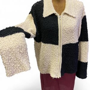 Cottagecore Bohemian Feminine Cozy Checkered Fuzzy Zip Up Cardigan Jacket